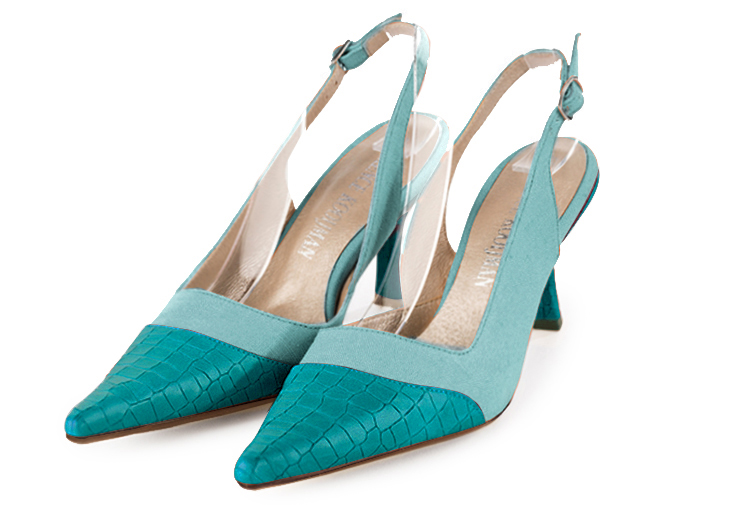 Turquoise blue women's slingback shoes. Pointed toe. High spool heels. Front view - Florence KOOIJMAN